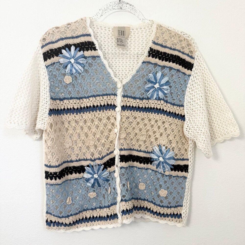 Teddi Vintage Women's Crochet Grandma Cottagecore Cardigan Blue White Size L